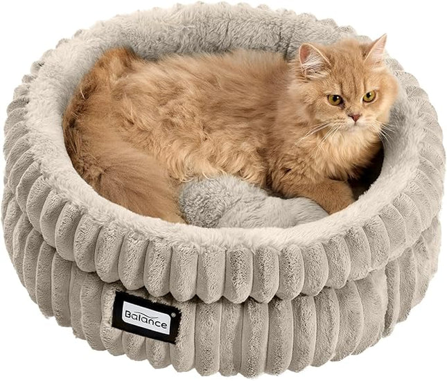 BALANCE Cat Bed Kitten Bed, Washable Round Cat Beds for Indoor Cats,Super Soft Plush Faux Fur Pet Bed for Puppy and Kitten with Anti-Slip Bottom