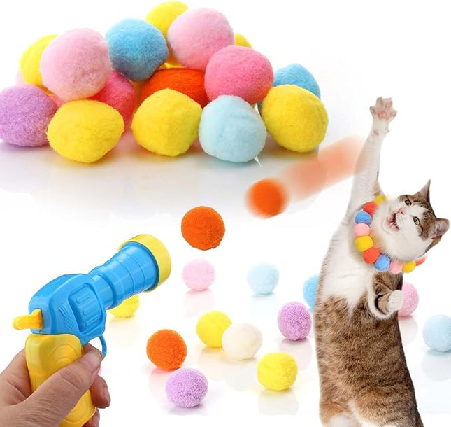 Aiersa Cat Toy Ball Launcher, Plush Ball Shooting Gun with 20 Pom Pom Balls, Interactive Indoor Cat Fetch Toy