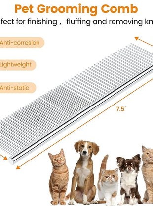 PETTOM Pet Steel Grooming Tool Poodle Finishing Butter Comb 7 1/2-inch L Silver Dog Combs with Rounded Ends Stainless Steel Teeth, Cat Comb for Removing Tangles and Knots