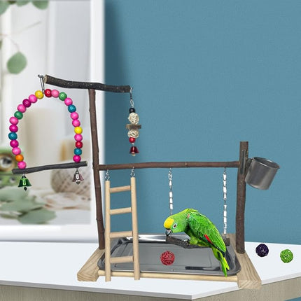 Bird Playground Parrot Playstand Parakeet Gym Playpen Cockatiel Play Stand Wood Perch Exercise Activity Center Ladders Feeder Cups Cage Accessories Swing Chew Toys for Cockatoo Budgie Lovebird Finch