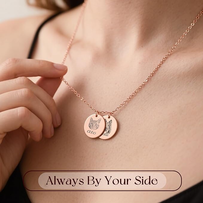 Personalized Pet Portrait Necklace Customized Pet Memorial Necklaces Dog Necklace for Women Custom Pets Necklaces Dog Memorial Jewelry for Cat Mom Dogs Dad (Rose Gold 2 Portrait)