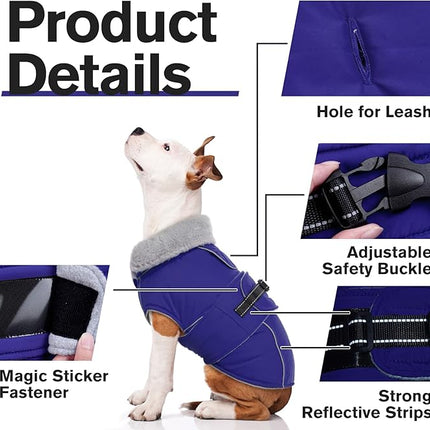 Lelepet Warm Dog Coat Reflective Fleece Vest Waterproof Dog Jacket with Adjustable Buckle Hook & Loop Windproof Cold Weather Coats for Small Medium Large Dogs, Blue, L