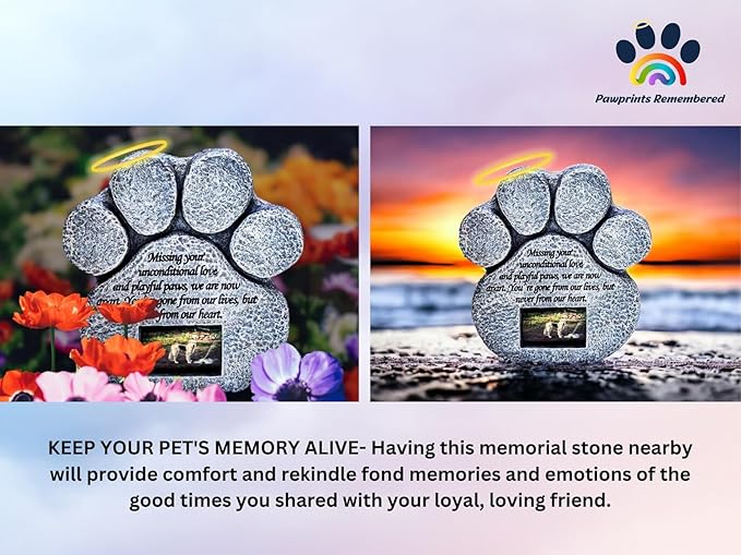 Pet Memorial Stone - Features a Paw Print Photo Frame and Sympathy Poem - Indoor Outdoor for Garden Backyard Marker Grave Tombstone - Loss of Pet Gift - Loss of Dog Gift