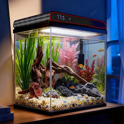 Coospider 5 Gallon Glass Fish Tank, Aquarium Starter Kit, Self-Cleaning Aquarium Kit with Ultra-Quiet Filter Pump, 3-Color LED Lights, Temp Monitoring for Fish, Shrimp, Kids Gift Idea