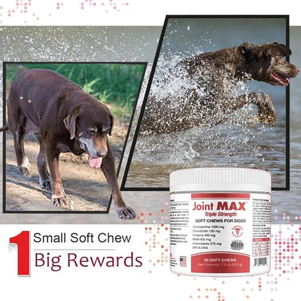 PHS Joint MAX Triple Strength (TS) Soft Chews for Dogs - Glucosamine, Chondroitin, MSM, Turmeric, Omega 3 - Hip and Joint Pain Relief and Support for Dogs - Made in USA - 30 Soft Chews