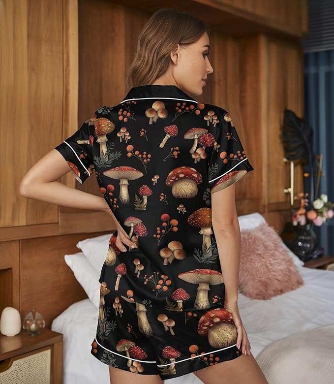 Women’s Silk Satin Pajama Set, Short Sleeve Button Down 2 Piece PJs with Shorts, Cozy Loungewear & Matching Holiday Pajamas