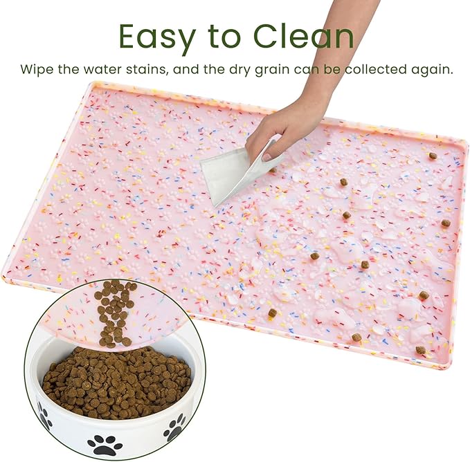 Ptlom Dog Food Mat Anti-Slip Dog Bowl Mats for Food and Water, Waterproof Pet Placemat Prevents Messy Spill to Floor, Silicone Puppy Feeding Tray for Small, Medium and Large Dogs Cats, Pink