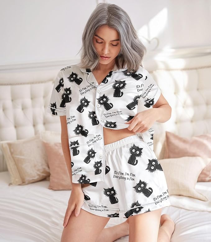 Women’s Silk Satin Pajama Set, Short Sleeve Button Down 2 Piece PJs with Shorts, Cozy Loungewear & Matching Holiday Pajamas