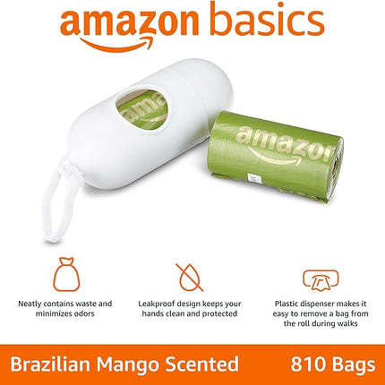 Amazon Basics Dog Poop Bags with Dispenser, 810 Count, Enhanced for Guaranteed Leakproof, Brazilian Mango Scented, Includes Leash Clip