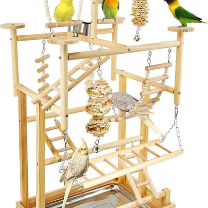 Bird Playground - Natural Wood Parrot Playstand with Perches, Bird Play Gym & Accessories, Removable Tray & 4 Stainless Steel Cups