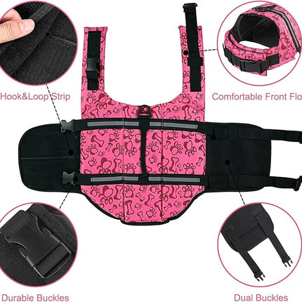 HAOCOO Dog Life Jacket Vest Saver Safety Swimsuit Preserver with Reflective Stripes/Adjustable Belt Dogs Pink Bone,L