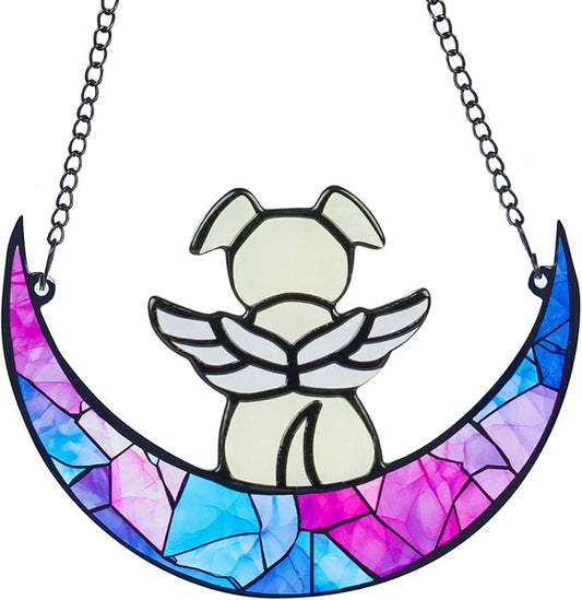 Stained Glass Angle Dog Memorial Suncatcher for Loss of Dog Sympathy Gifts, Dog Memorial Gifts with Sympathy Card, Dog Remembrance Gifts for Pet Lovers, Dog on Moon Ornaments for Window Hanging