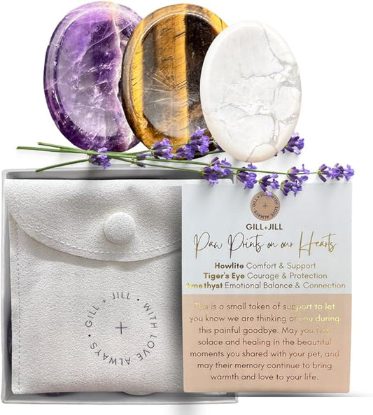 Paw Prints Comfort Worry Stones – Pet Loss Sympathy Gift for Loss of Dog – Dog Memorial Gifts for Loss of Dog with Amethyst, Tiger’s Eye & Howlite, Pet Memorial Gifts with Pouch & Message Card