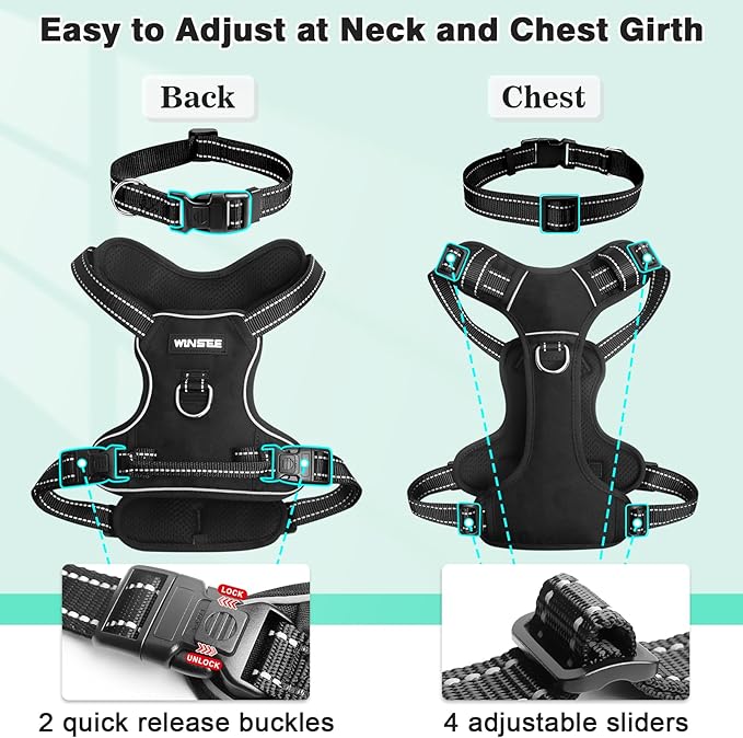 WINSEE Dog Harness No Pull, Pet Harnesses with Dog Collar, Adjustable Reflective Oxford Outdoor Vest, Front/Back Leash Clips for Small, Medium, Large, Extra Large Dogs, Easy Control Handle for Walking