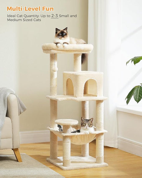 Cat Tree for Indoor Cats, 45.7" Multi-Level Cat Tower with Large Metal Frame Hammock, Cat Condo with 4 Scratching Posts and Top Perch for Small Medium Cat, Beige