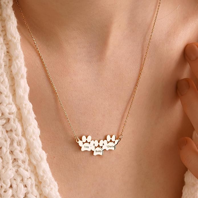 Customized Paw Print Necklace Personalized Pet Name Necklace Custom Engraved Dog Cat Paw Pendant Necklace Pet Memorial Gift for Pet Lovers