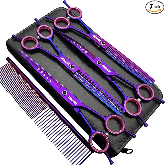 7.0 inches Professional Dog Grooming Scissors Set Straight & thinning & Curved & chunkers & comb 5pcs in 1 Set for left-handed & right handed