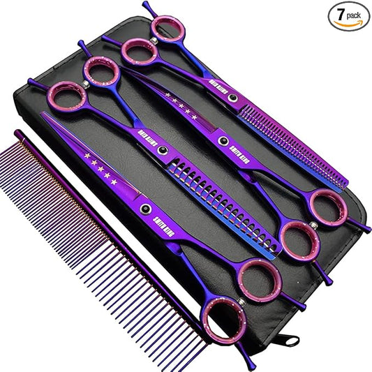 7.0 inches Professional Dog Grooming Scissors Set Straight & thinning & Curved & chunkers & comb 5pcs in 1 Set for left-handed & right handed