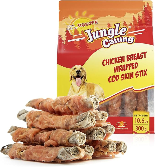 Jungle Calling Dog Treats, High Protein Dog Chewy Treats Health Teeth and Coat, Chicken Wrapped Cod Skin Sticks, Rawhide-Free Cod Fish Skin Snacks for Dogs, 10.6 oz