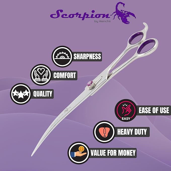 Kenchii Scorpion Dog Grooming Scissors, 9 Inch Curved Shears, Dog Scissors for Grooming, Professional Pet Grooming Scissors, Heavy Duty, Durable and Sharp