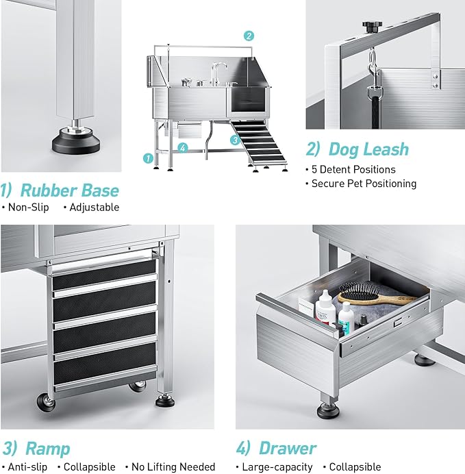 Dog Washing Station,Professional 56" Stainless Steel Dog Bathing Station for Large Dog Height Adjustable Dog Wash Station for Home Dog Grooming Tub With Drawer, Floor Grate & Fauct (Right Ramp)