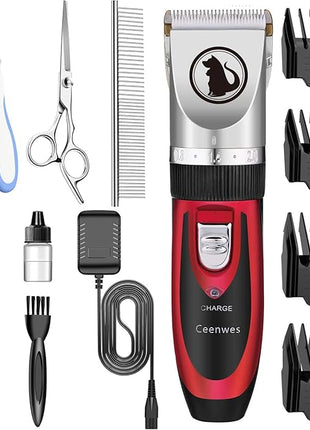 Ceenwes Dog Clippers with Storage Case Low Noise Pet Clippers Rechargeable Trimmer Cordless Grooming Tool Professional Dog Hair Trimmer with Comb Guides Scissors for Dogs Cats & Others（Red）