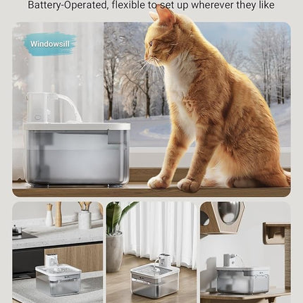 DownyPaws Battery Operated Cat Water Fountain, 84oz/2.5L Fursink Wireless Pet Water Fountain for Cats Inside, Automatic Dog Water Dispenser with Motion Sensor, Ultra Quiet Pump, BPA-Free, White
