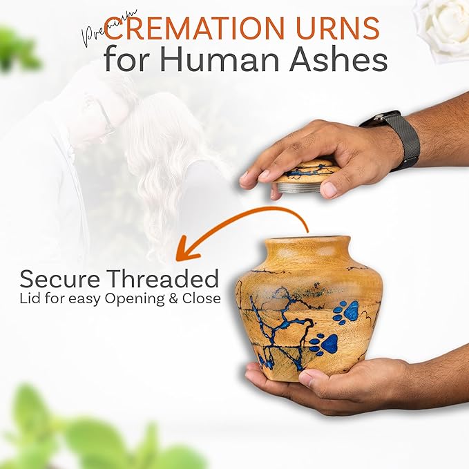 INTAJ Wooden Pet Urns for Dogs/Cats Ashes - Blue Resin Paws & Lichtenburg Design - Keepsake Cremation Urn Box, Pet Memorial Wooden Urns for Ashes, Small to Large Sizes (Classic, Medium)