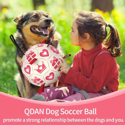 QDAN Valentines Gift Dog Toys, Pink Soccer Ball with Straps, Interactive Tug of War Toy, Puppy Birthday Gifts, Water Toy, Durable Dog Balls for Medium Large (8 Inch)