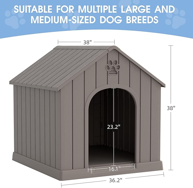 Large Dog House Outdoor Indoor for Medium Large Dogs, Durable Plastic Waterproof Doghouse with Air Vents and Elevated Floor, Easy Clean and Assemble (Classic Grey, 36.2''L×38''W×38''H)