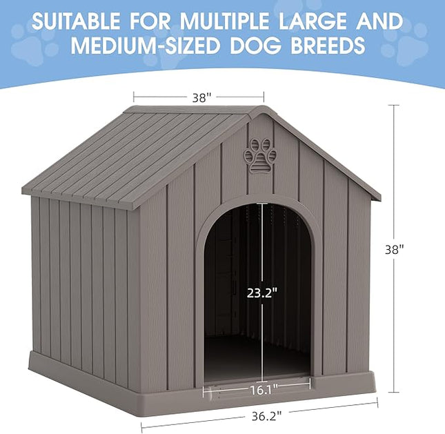Large Dog House Outdoor Indoor for Medium Large Dogs, Durable Plastic Waterproof Doghouse with Air Vents and Elevated Floor, Easy Clean and Assemble (Classic Grey, 36.2''L×38''W×38''H)