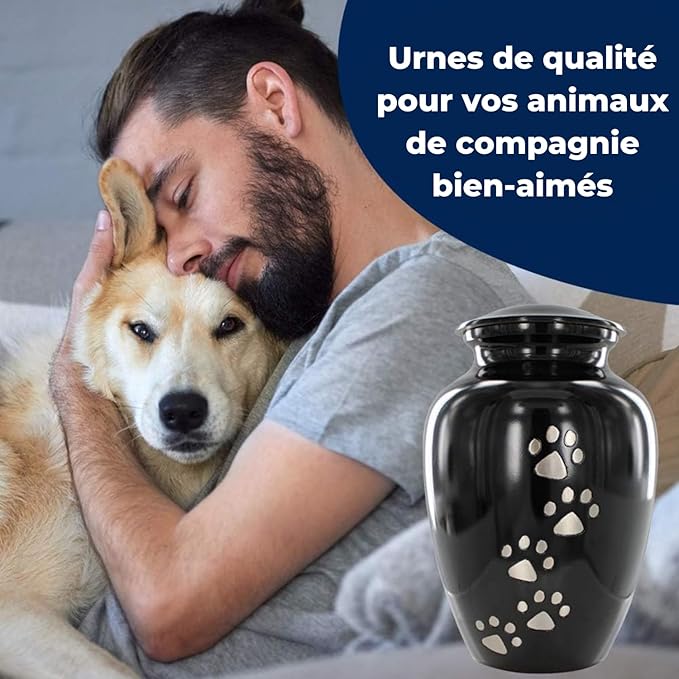 Trupoint Memorials Large Pet Urn for Dogs and Cats Ashes, Paws Print Black Cremation Urns for Pets up to 122 lbs