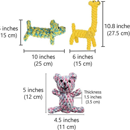 SunGrow Cotton Rope Knot Puppy & Ferret Toys, Tough Teething Chewable Teddy Bear, Giraffe, and Dog, Handwoven for Small Breeds Dog, for Teeth and Gums, Multicolor, 3 Pieces per Pack