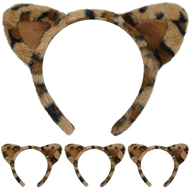 Beviliu Leopard Cheetah Ears Headband, Leopard Cat Headband for Women, Leopard print Costume Bear Bunny Dog Hairband for Birthday Party Halloween Christmas Washing Makeup Cosplay, 4Pack