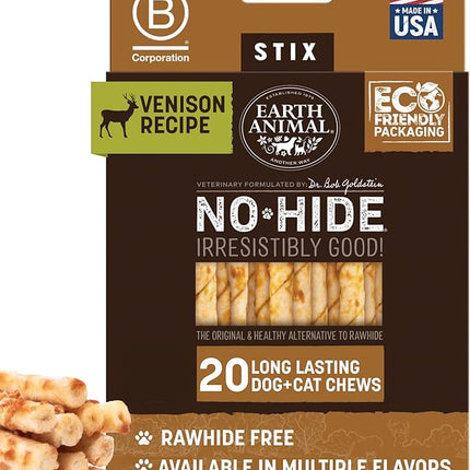 Earth Animal No Hide Stix - Long Lasting Rawhide Free Small Dog Chews Sticks, Venison - 20 Count Value Pack