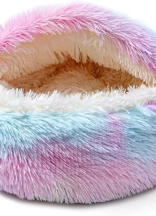 Cat Bed for Indoor Cats, Calming Cozy Cave with Self-Warming Plush, Entire Bed Machine Washable & Anti-Slip Base, Breathable Pet Bed for Small Cats&Dogs All Seasons (Dazzling Colors, 20 * 20inch)
