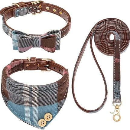 EXPAWLORER Dog Leash and Collar Set - Cute Plaid Dog Bow Tie and Dog Bandana Collar, Dog Leash Tangle Free, Adjustable Collars for Small Medium Large Dogs, Holiday Ideal Gift, Blue M