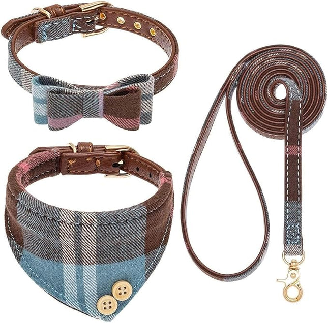 EXPAWLORER Dog Leash and Collar Set - Cute Plaid Dog Bow Tie and Dog Bandana Collar, Dog Leash Tangle Free, Adjustable Collars for Small Medium Large Dogs, Holiday Ideal Gift, Blue M