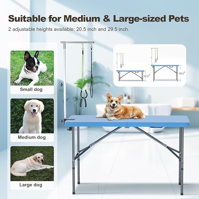 ynhurenth 49'' Pet Grooming Table for Large Dogs, Foldable Professional Grooming Table for Dogs at Home with Double Loops/Adjustable Arm, Capacity up to 330lbs, Blue