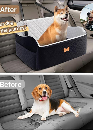 Car Seat for Large Size Dog, Booster Seat for Dogs Under 55 lbs or 2 Small Dogs, Soft Car Dog Bed Filling in Thick Memory Foam with 2 Safety Leashes and Storage Pocket (Grey/Black)