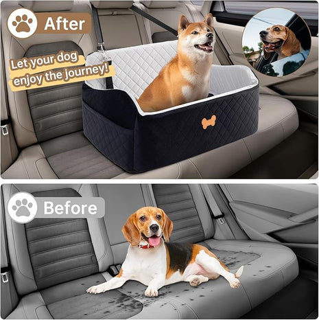 Car Seat for Large Size Dog, Booster Seat for Dogs Under 55 lbs or 2 Small Dogs, Soft Car Dog Bed Filling in Thick Memory Foam with 2 Safety Leashes and Storage Pocket (Grey/Black)