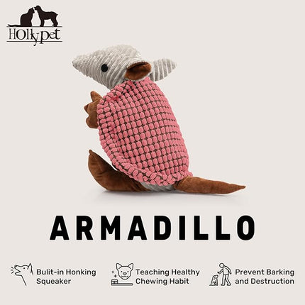Hollypet Plush Dog Squeaky Toy Stuffed Armadillo Animal Pet Puppy Chew Toys with Clean Teeth for Small Medium Large All Breed Sizes Dogs, Bright Pink, 14 in
