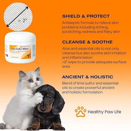 Lime Sulfur Wipes - Relief for Itching, Scratching, and Redness - Infused with Lime Sulfur, Aloe & Essential Oils - Skin Care Solution for Pets (50ct, 2" Skin Soothe Wipes)