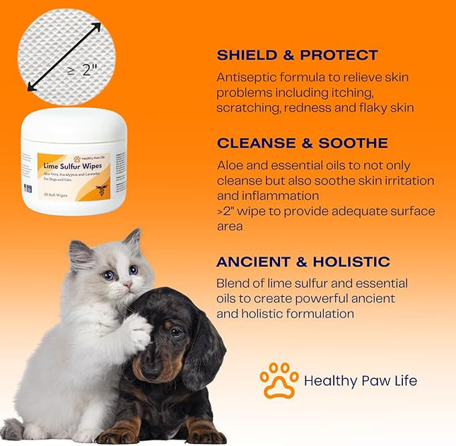 Lime Sulfur Wipes - Relief for Itching, Scratching, and Redness - Infused with Lime Sulfur, Aloe & Essential Oils - Skin Care Solution for Pets (50ct, 2" Skin Soothe Wipes)