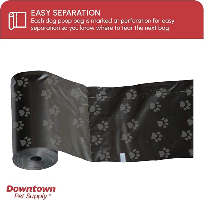 Downtown Pet Supply Poop Bags for Dogs with Dispenser, 180 Count - Leak-Proof Dog Waste Bags and Bone-Shaped Dog Poop Bags Holder for Leash - Black with Paw Prints, 12.5" x 8.5"