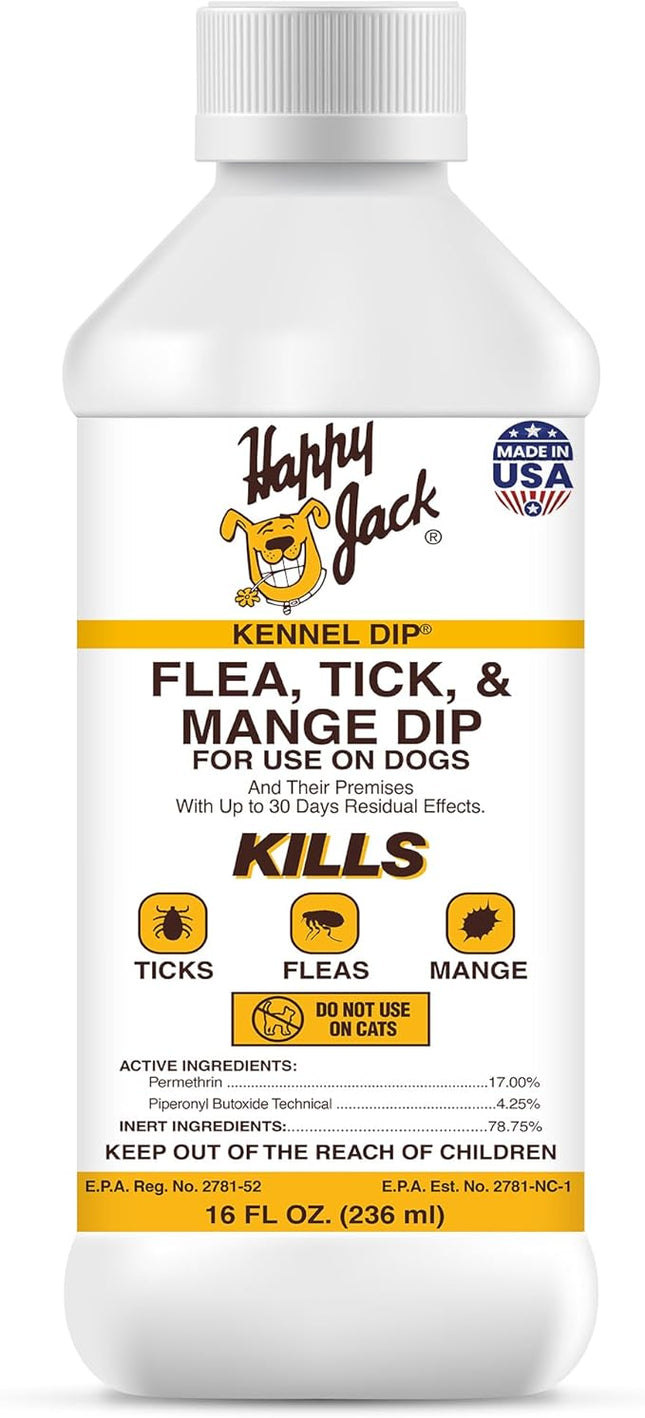 Happy Jack Kennel Dip Dog Flea and Tick Treatment & Prevention, Made in USA, Spray Yard & Home 30-Day Control, Kills Fleas, Ticks, Deer Ticks, Mange, Lice, for Puppies, Small to Large Dogs (16 oz)
