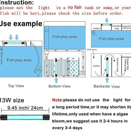 Aquarium UVC Clean Light Algae Clear Green Bloom Clean Fish Tank UVC Water Clean Lamp for Sump Pond Filter Tank (7W Without Timer)