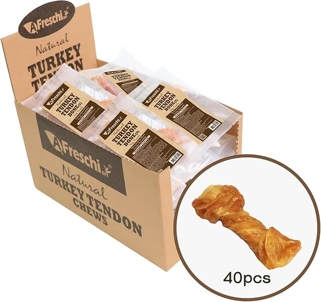 A Freschi srl Turkey Tendons for Dogs, USA-Sourced, Healthy Dog Treats, Rawhide-Free Puppy Chews, Long Lasting, All Natural, Hypoallergenic Dog Treats for Small Breeds, 40 Count Box Bone (S)