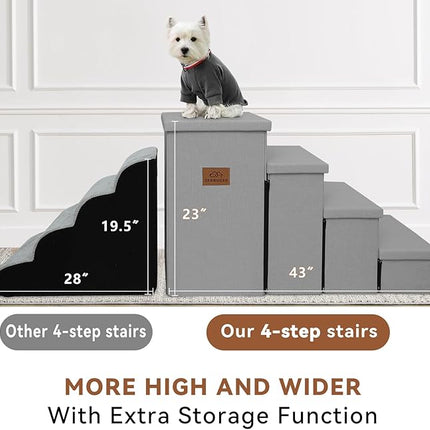 Dog Stairs with Storage 23" H, 4-Step Wider Dog Steps for High Beds Window, Folding Sturdy Pet Stairs Gift for Injured Old Dogs Cats, Ramp for Climbing Car Up to 200 lbs,(Gray, No Condo)