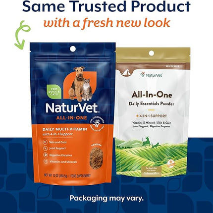 NaturVet All-in-One Dog Supplement - for Joint Support, Digestion, Skin, Coat Care – Dog Multivitamins with Minerals, Omega-3, 6, 9 – Wheat-Free Vitamins for Dogs – 13-Ounce Powder